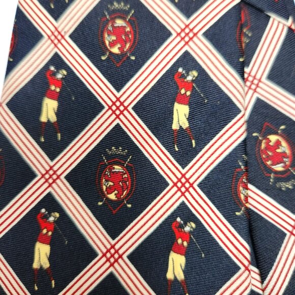 Milano Immagine Golf Necktie Men's Novelty Golfer and Crest Tie Blue White Red - Picture 3 of 6